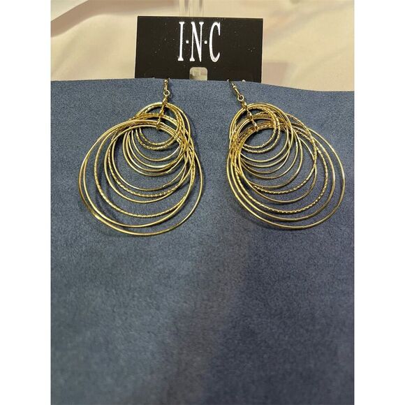 INC Gold Tone Dangle Circle Fish Hook Earrings Nickel-Free Sparkley - Picture 2 of 6